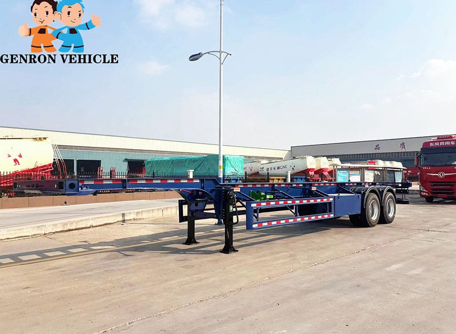 Blue skeleton container trailer with front and rear supports