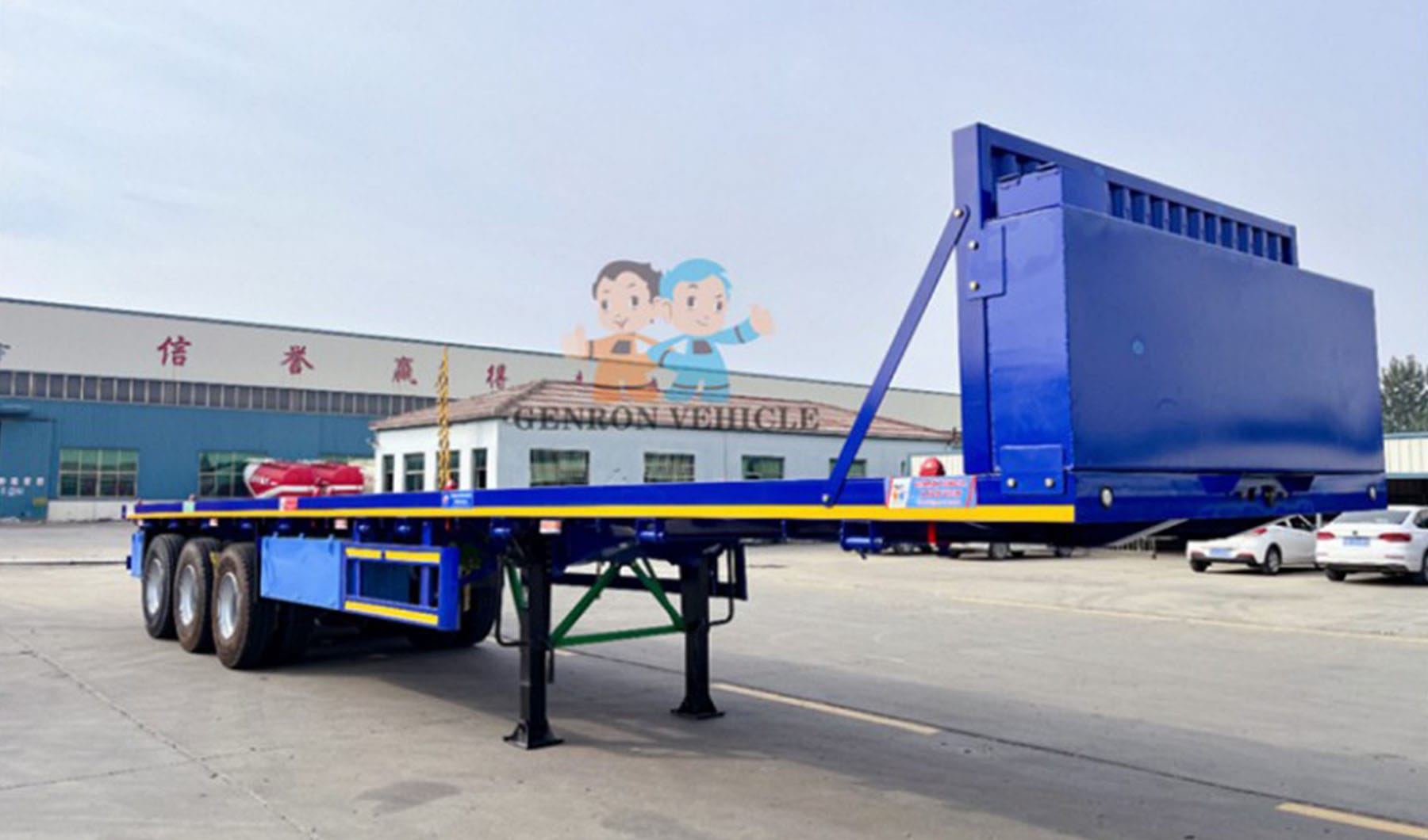 Front-quarter view of a blue GENRON flatbed trailer